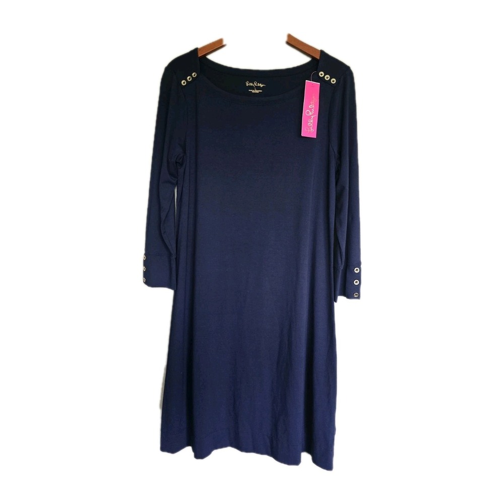Lilly Pulitzer Sophie Dress True Navy Blue Gold Button Knit Shift L Coastal NWT